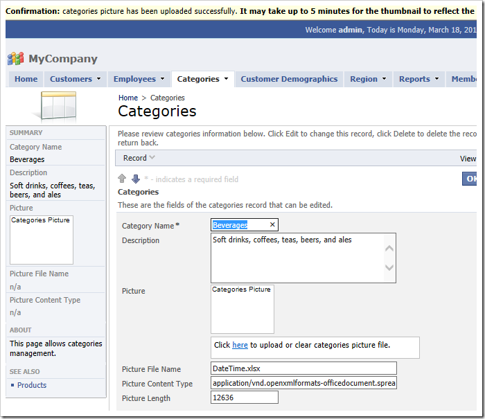 File Name, Content Type, and Length fields have been automatically updated when a file is uploaded.