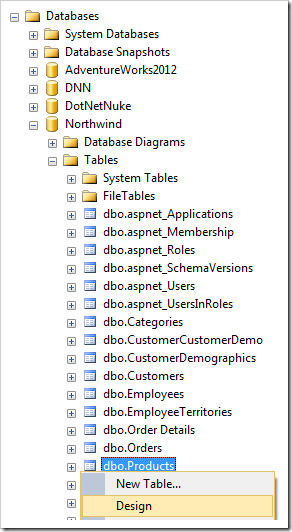 Designing the dbo.Products table in Northwind database.