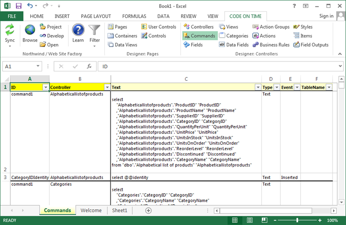 Typical view of commands in a project.