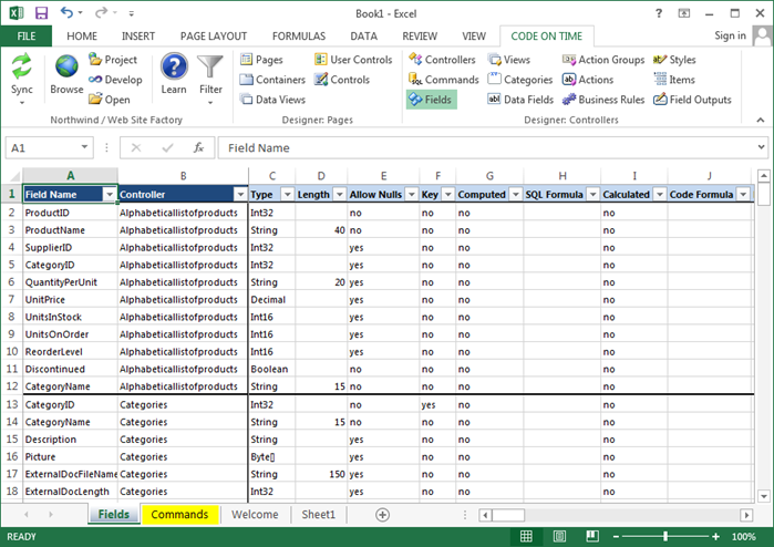 Typical view of commands in a project.