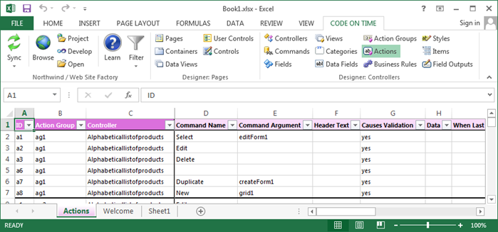 Typical view of actions in a project.