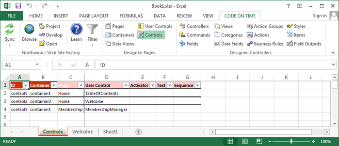 Typical view of controls in a project.