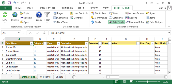 Typical view of data fields in the project.