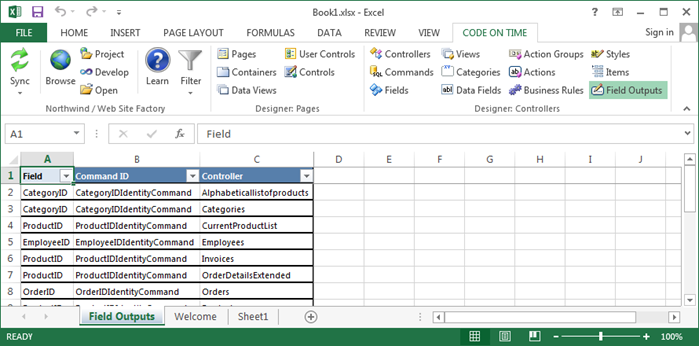 Typical view of field outputs in a project.