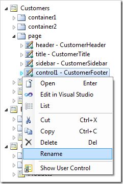 Renaming the 'control1' control on the Customers page.