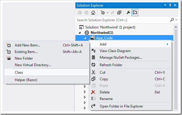 Adding a class to App_Code folder.