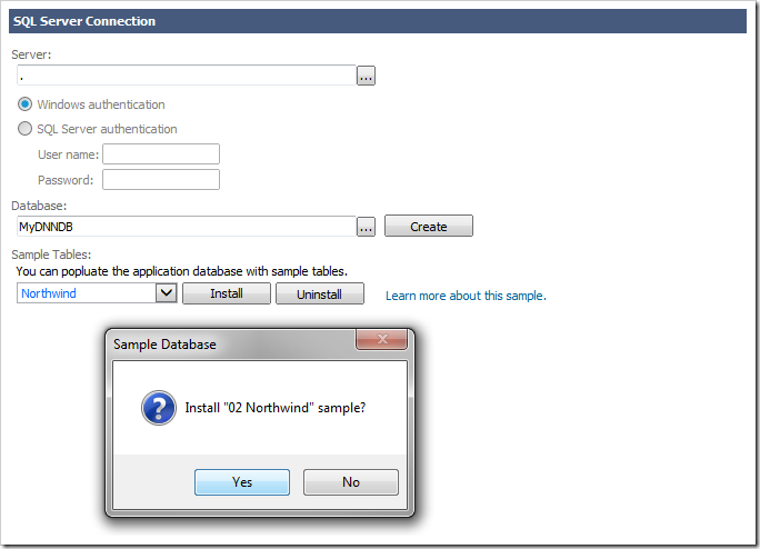 Installing Northwind sample database in the DotNetNuke database.