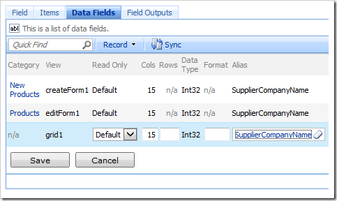Setting the Alias of SupplierID data fields to 'SupplierCompanyName'.