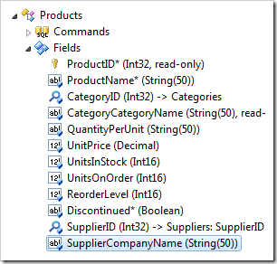 SupplierCompanyName field selected from the Products controller.