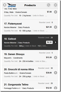 A list of products rendered in a mobile client by an app created with Code On Time application generator