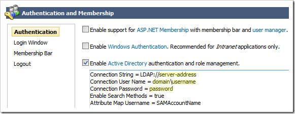 Enabling Active Directory authentication and role provider and specifying the configuration properties. Enabling Active Directory authentication and role provider and specifying the configuration properties.