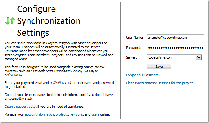 Saving synchronization settings for the project.