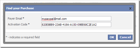 The payer email and activation code is entered in the Find Your Purchase form.