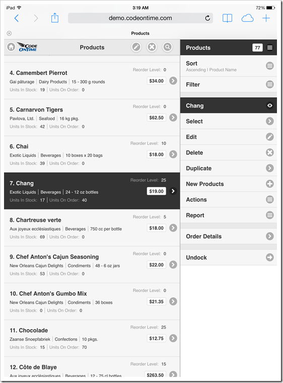 Mobile client rendering of a product list in iPad Air with visible context sidebar in the app created with Code On Time app generator.
