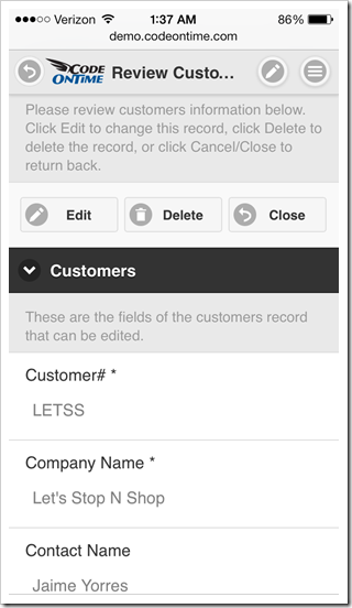 Form view of a mobile app created with Code On Time displayed in portrait orientation on Apple iPhone 5s.