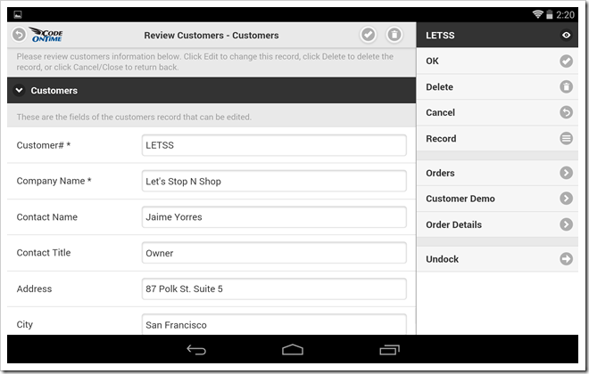 Form view of a mobile app created with Code On Time displayed with docked sidebar in landscape orientation on Google Nexus 7.
