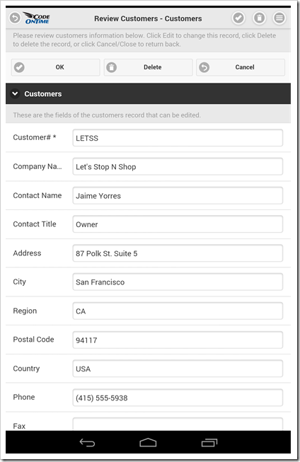 Form view of a mobile app created with Code On Time displayed with action buttons in portrait orientation on Google Nexus 7.