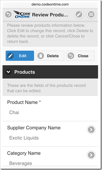 Editing of a data record in a form is activated when 'Edit' button is tapped in a mobile app created with Code On Time database mobile app generator.