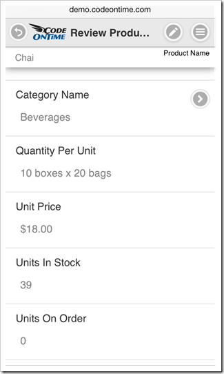 Tap and hold a field value in the form view to activate 'Edit' mode in a mobile apps created with Code On Time mobile app generator.