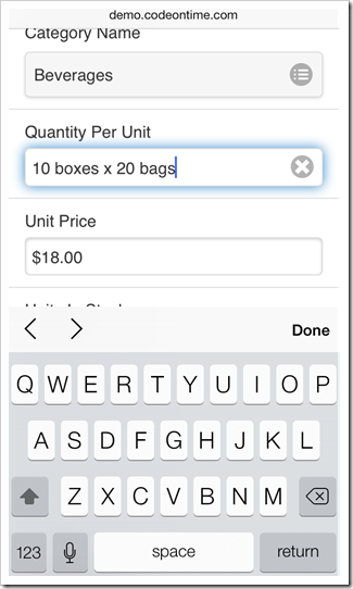 Extended 'tap and hold' on a field value will set focus on the field input control in a mobile app created with Code On Time mobile database app generator.