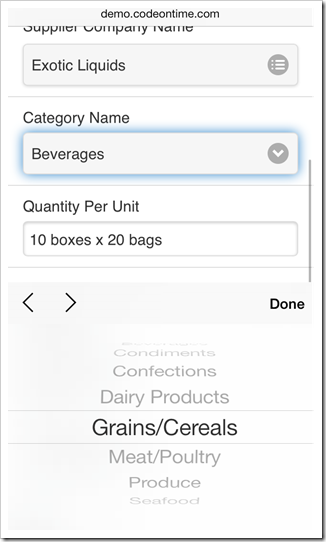 A native 'select' input control is displayed for lookup fields with lists of values in mobile apps created with Code On Time mobile database app generator.
