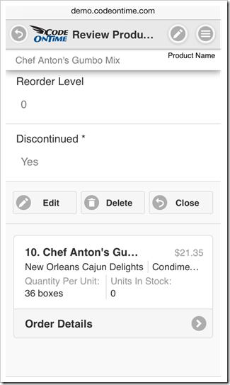 A heading with the value of identifiable field is dispalyed when a user scrolls down a form view in mobile apps created with Code OnTime mobile app generator.