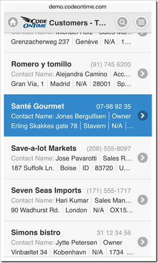 A tap on a list item will activate an application-defined action in a mobile-app created with Code On Time mobile app generator.