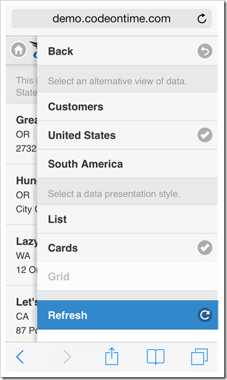 'Refresh' option selected in the configuration menu of a list in a mobile app created with Code On Time mobile app generator.