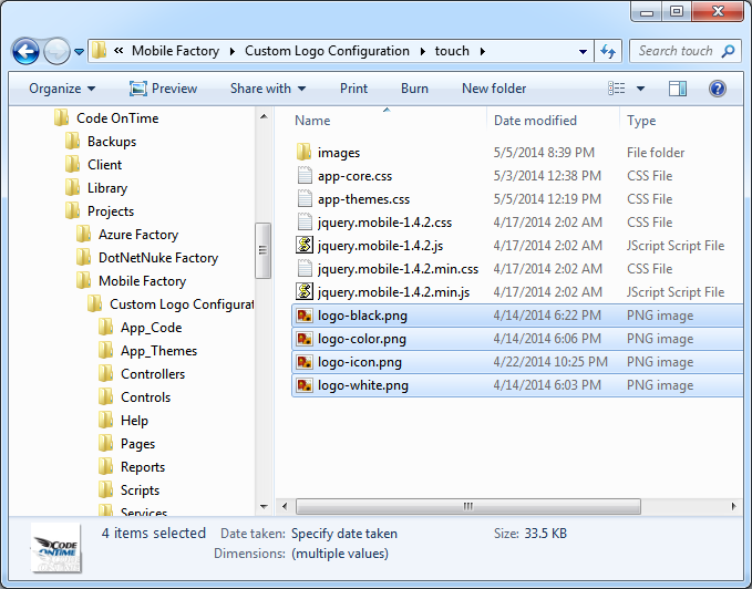 The standard logo files in a Mobile Factory web app with Touch UI created by Code On time app generator.