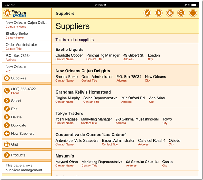 The default presentation of Suppliers list on iPad Air.