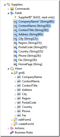 First five fields of all data controllers in the baseline app constructed by Code On Time are marked to be displayed in the summary.