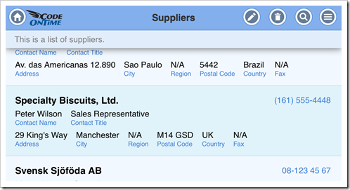 A list of suppliers displayed on iPhone 5 in landscape orientation has all field values visible in an app with Touch UI. The app has been produced with Code On Time app generator.