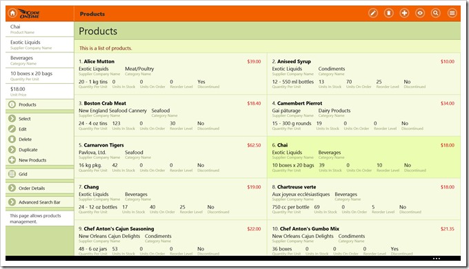 A list of products displayed on Surface 2 tablet in 'Compact' density in an app with Touch UI.