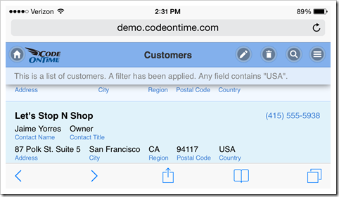 Web app created with Code On Time displayed in Safari web browser on iPhone 5 with landscape orientation.