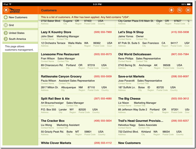 A web app created with Code On Time is displayed full screen on iPad Air.