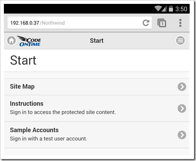 Using a Nexus 7 to navigate to the locally accessible application.