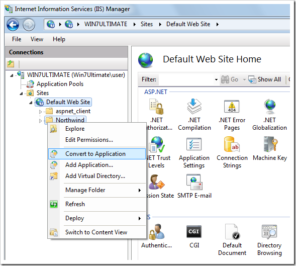 Converting the Northwind folder to an application in IIS.