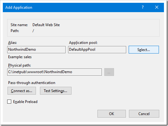 Selecting the application pool for the new application.