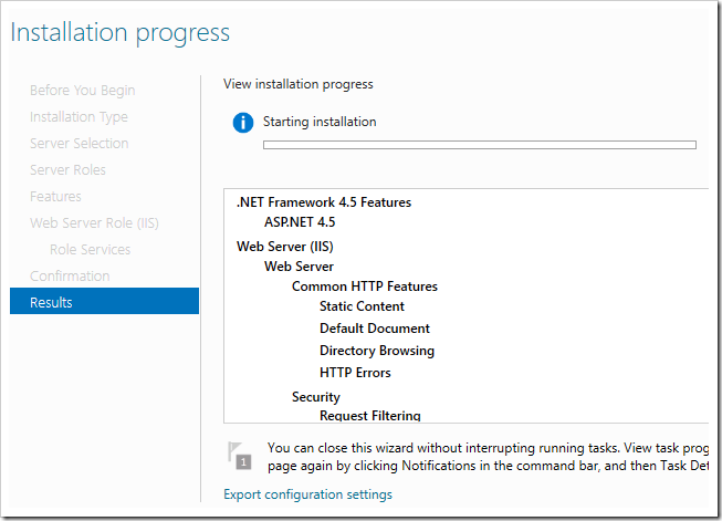 Installing the roles onto the server.