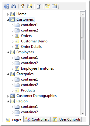 Selecting the Customers page from the Project Explorer.