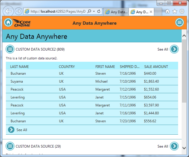 A data controller based on a stored procedure displayed in Touch UI application created with Code On Time.