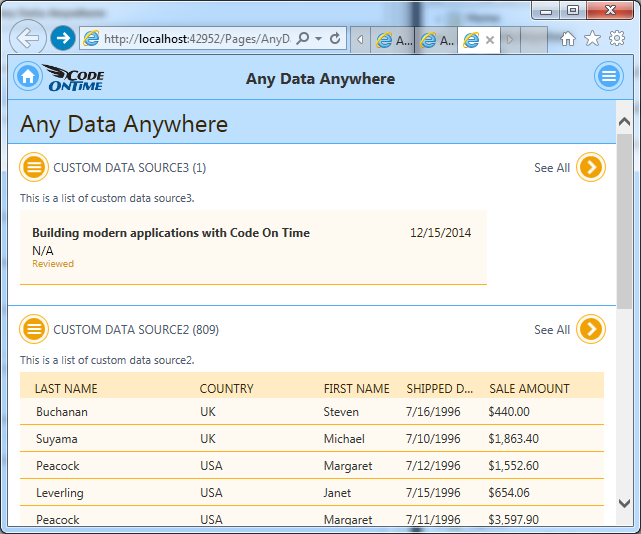 A data from 'thin' air displayed in an app with Touch UI created with Code On Time app generator.