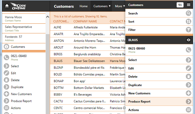 Custom action used to invoke a 'Code' business rule in an app with Touch UI creatd with Code On Time application builder.