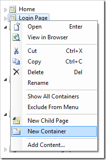 Adding a new container to the 'Login Page' page.