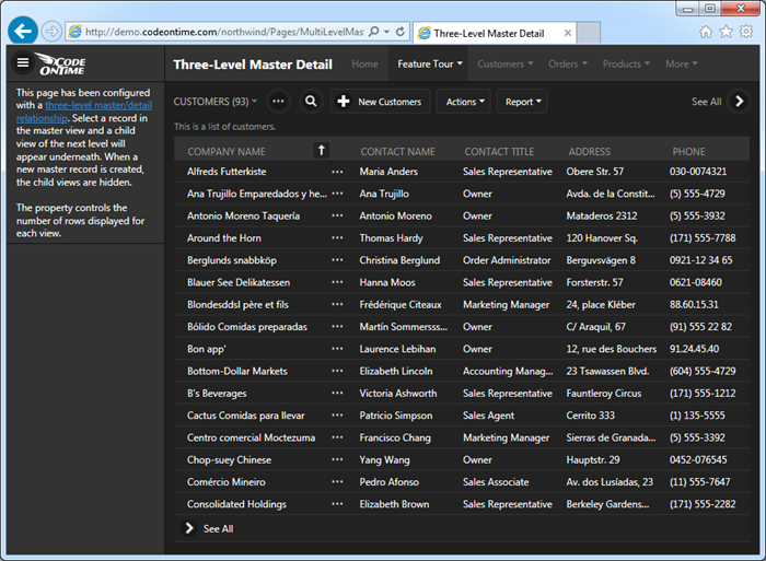 Standalone summary view of customers with action bar in a Touch UI app created with Code On Time.