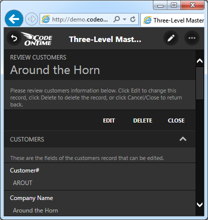 Form buttons without outlines (button shapes are 'off') in a Touch UI app created with Code On Time.