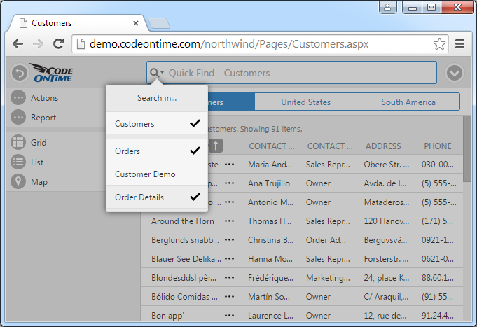 The drop down arrow activates a list of child data views on the page that are directly connected to the data view in focus. User has expanded the scope of search to include master data view Customers  and child data views Orders and Order Details. Inclusion of child data views will engage deep search capability.