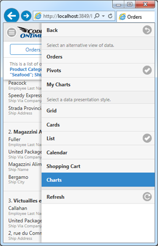 Context menu includes an option to activate Charts view style in an app with Touch UI.