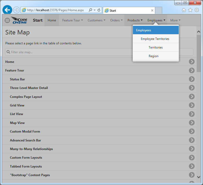 A navigation system with single page apps automatically created by Code On Time applicaiton generator.