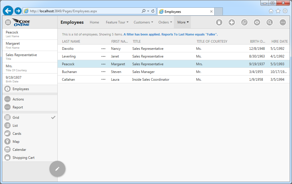 Responsive grid view with a sidebar in a Touch UI application created with Code On Time.